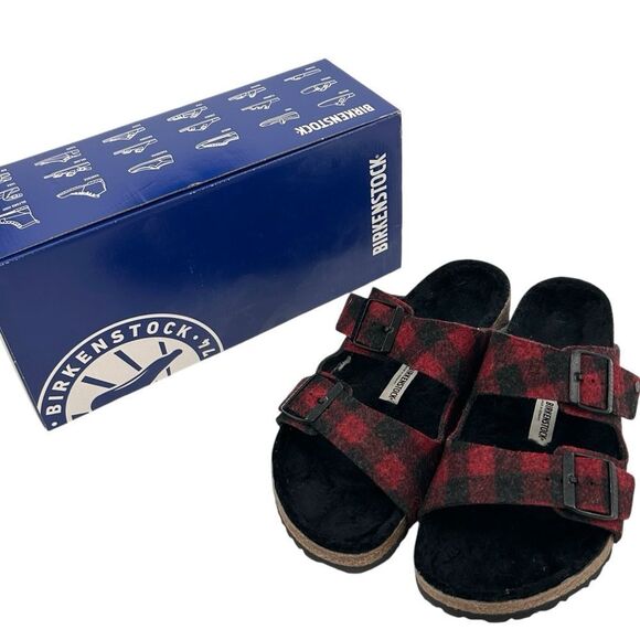 Birkenstock Arizona red plaid sheep lined size 41 regular width - Picture 1 of 8